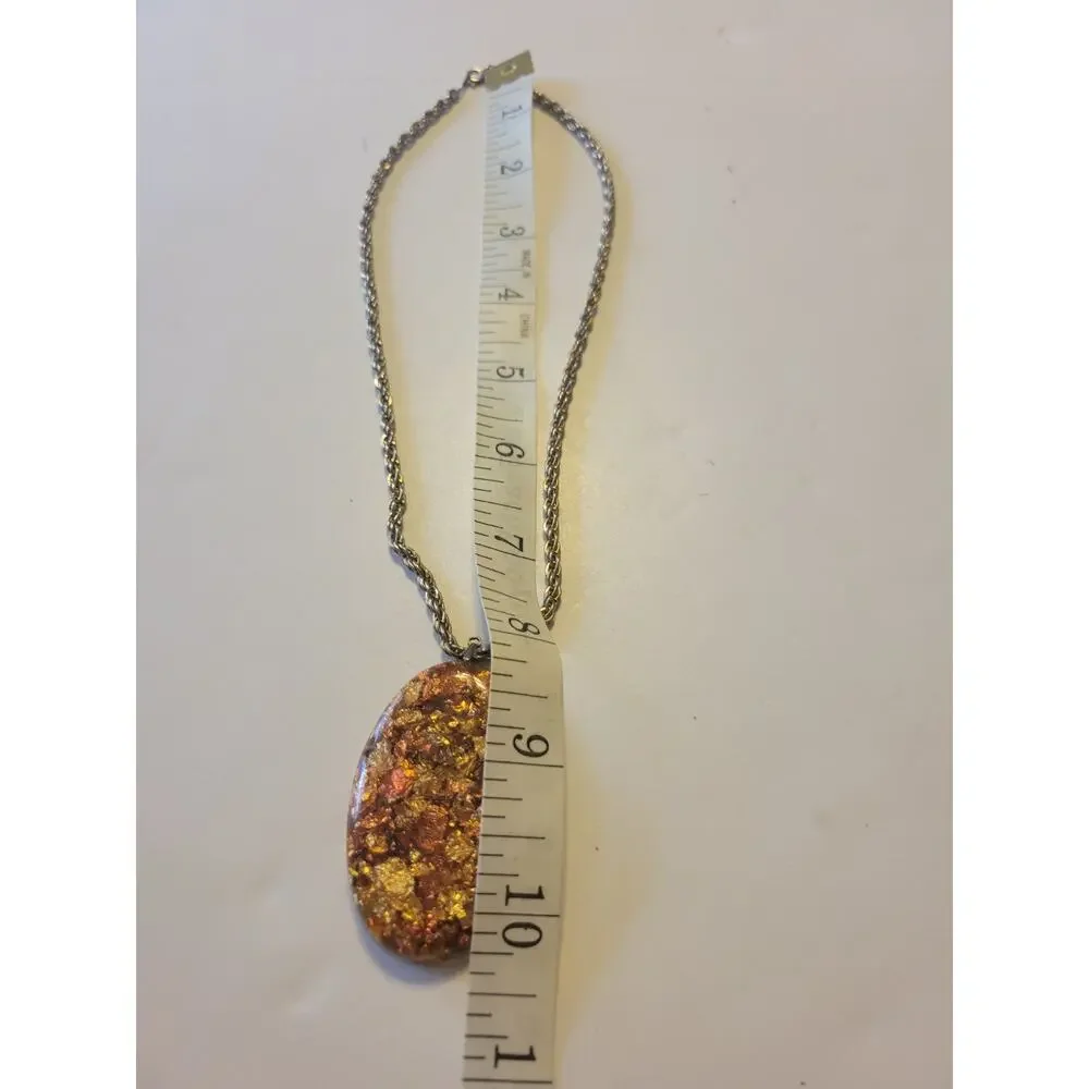 Vintage Estate‎ Necklace Orange Gold flake Cabochon Oval Resin Pendant Jewelry